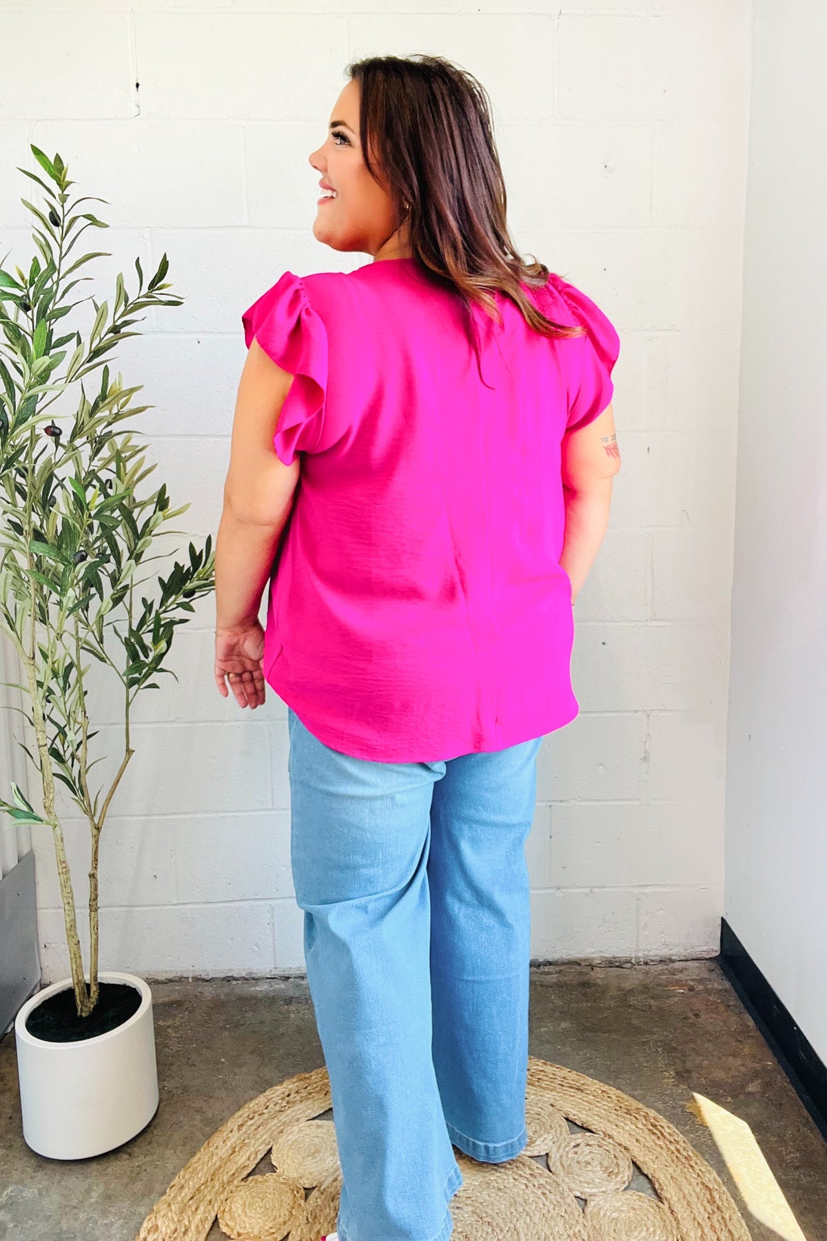 Summer Days Fuchsia Banded V Neck Flutter Sleeve Top-2024 Blow-Out Sale-Modish Lily, Tecumseh Michigan