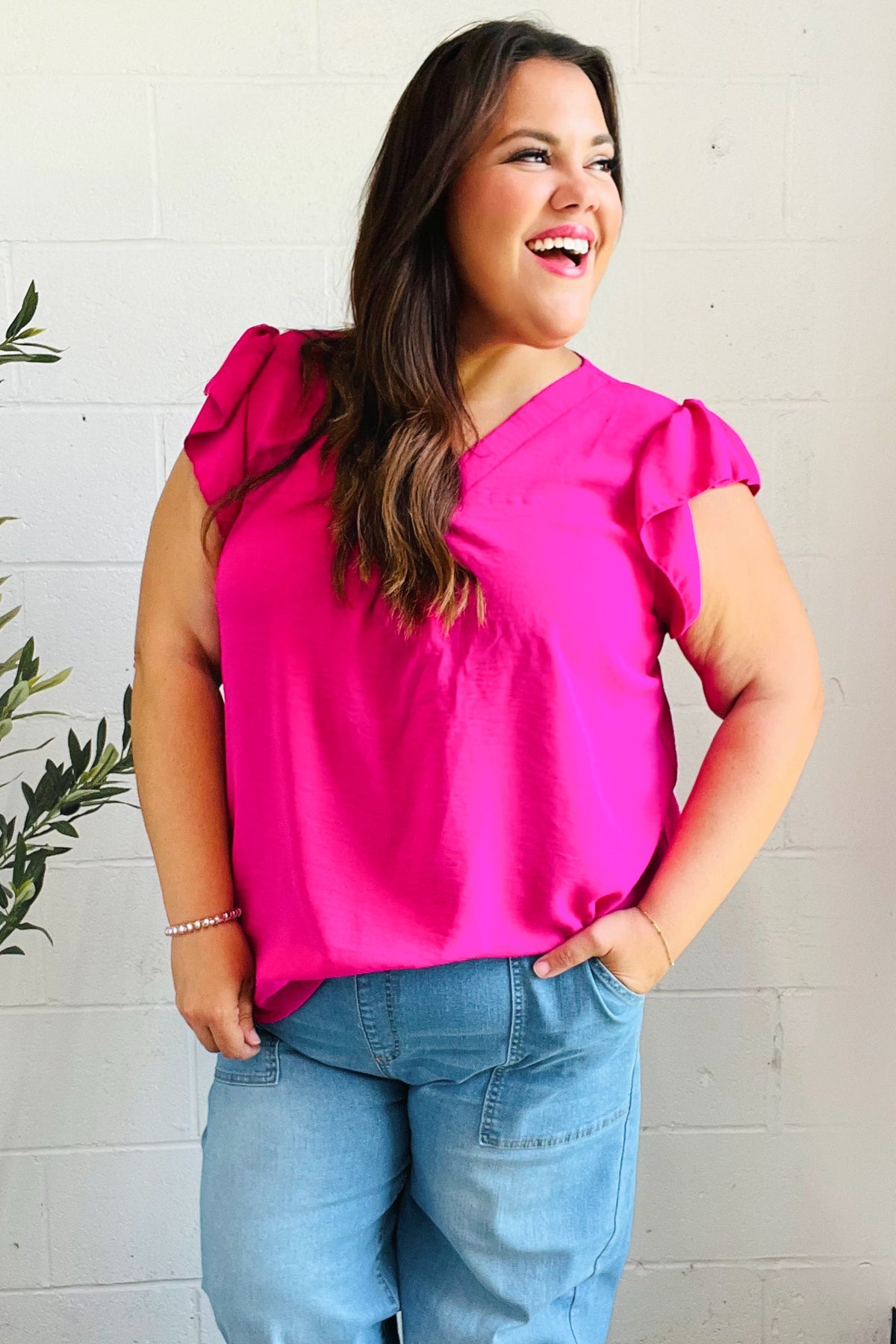 Summer Days Fuchsia Banded V Neck Flutter Sleeve Top-2024 Blow-Out Sale-Modish Lily, Tecumseh Michigan