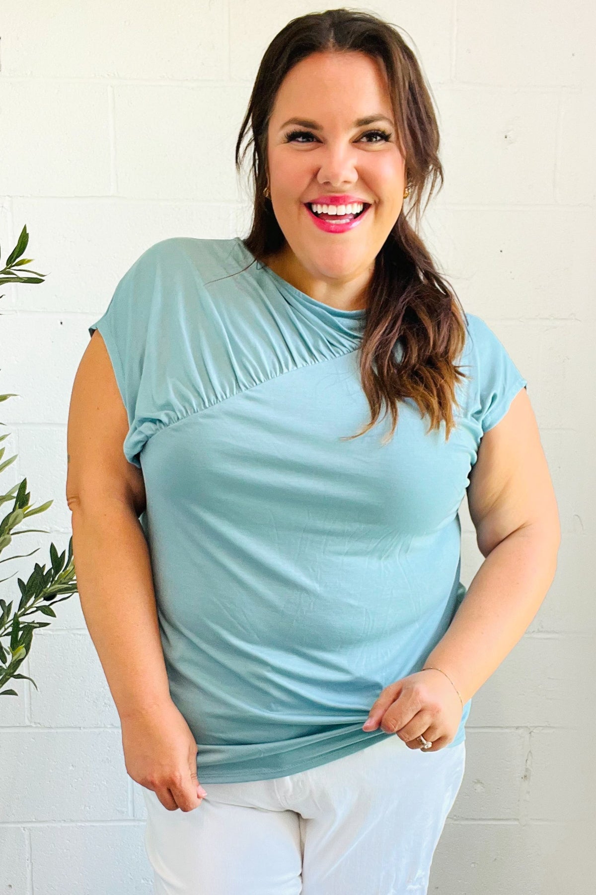 Charming in Aqua Asymmetrical Shirred Modal Top-2024 Blow-Out Sale-Modish Lily, Tecumseh Michigan