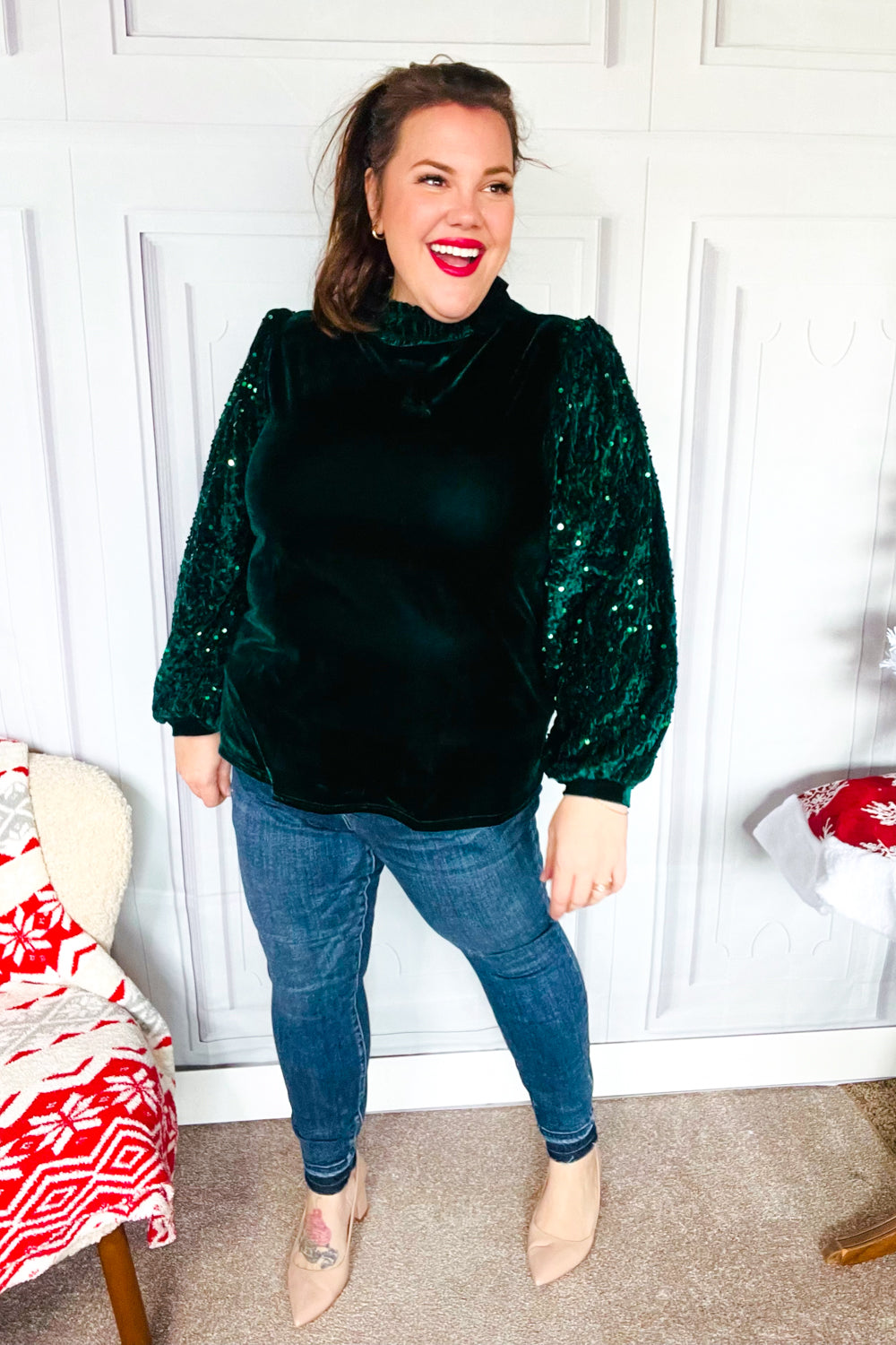 Under the Lights Green Velvet & Sequin Frill Mock Neck Top-Modish Lily, Tecumseh Michigan