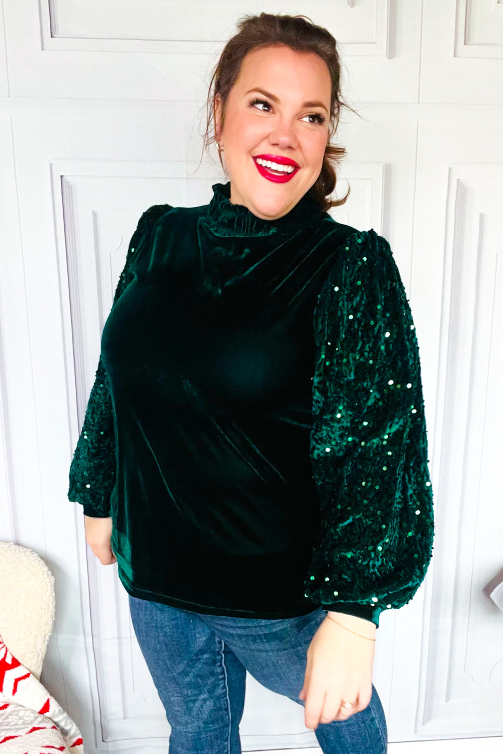 Under the Lights Green Velvet & Sequin Frill Mock Neck Top-Modish Lily, Tecumseh Michigan