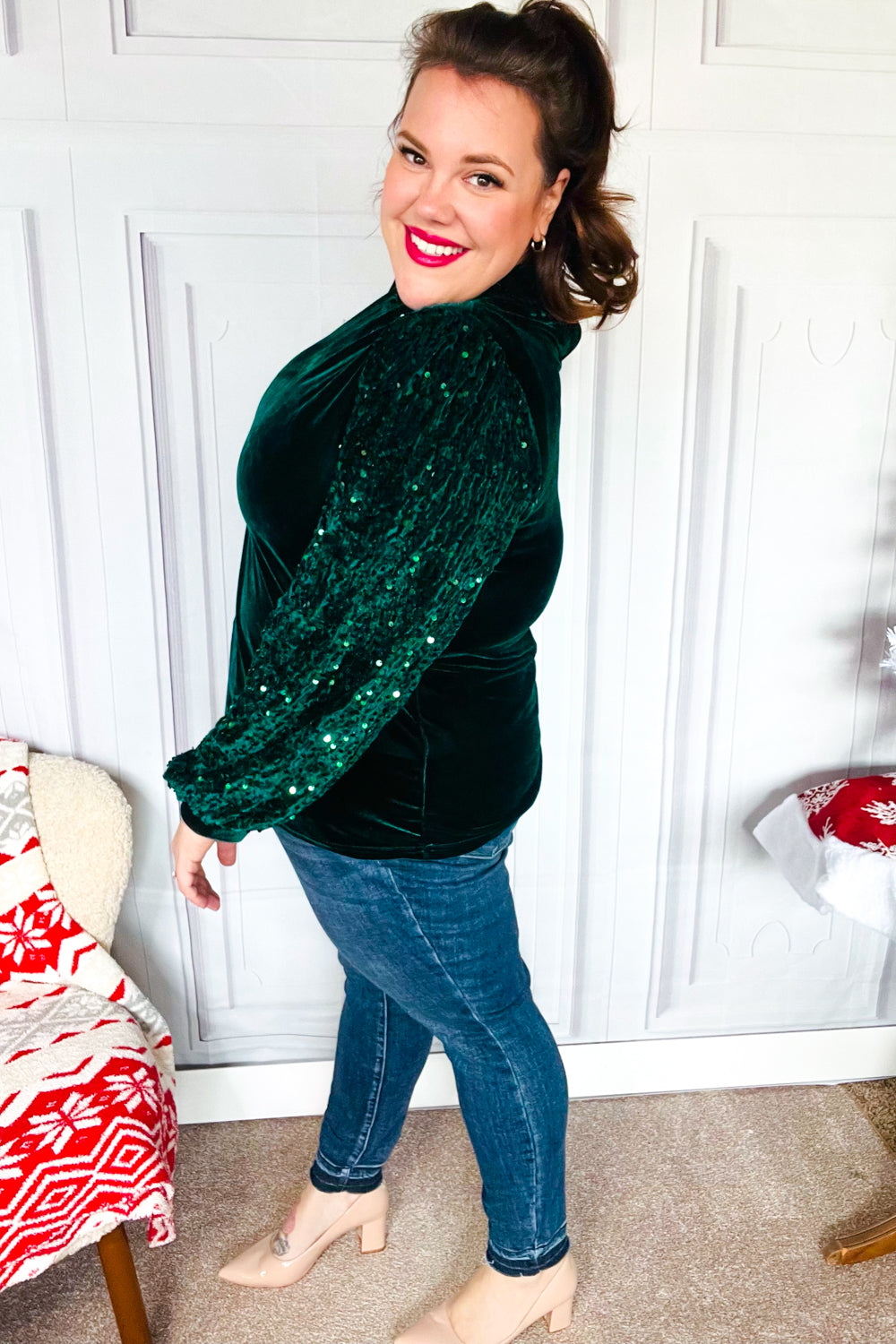 Under the Lights Green Velvet & Sequin Frill Mock Neck Top-Modish Lily, Tecumseh Michigan