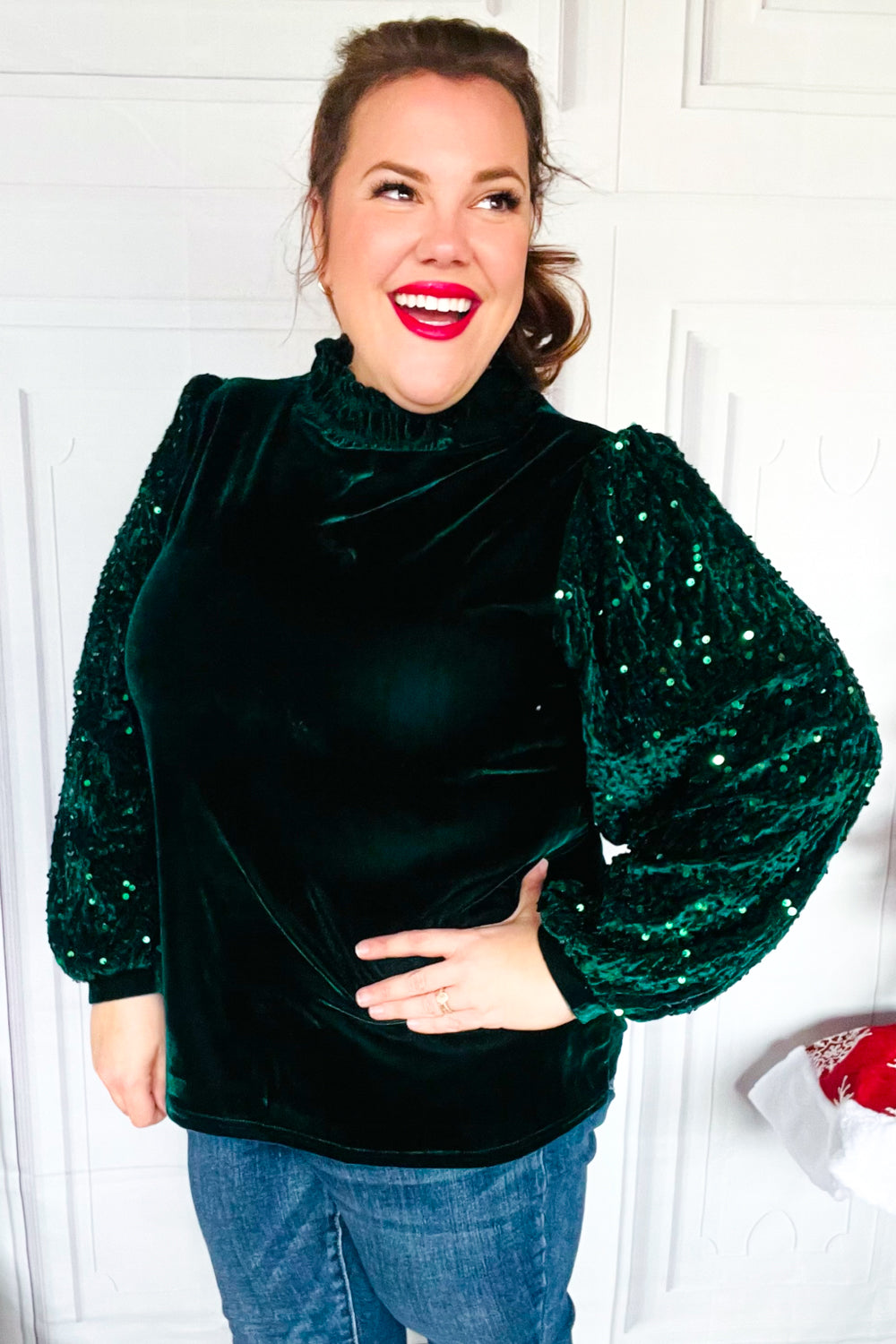 Under the Lights Green Velvet & Sequin Frill Mock Neck Top-Modish Lily, Tecumseh Michigan