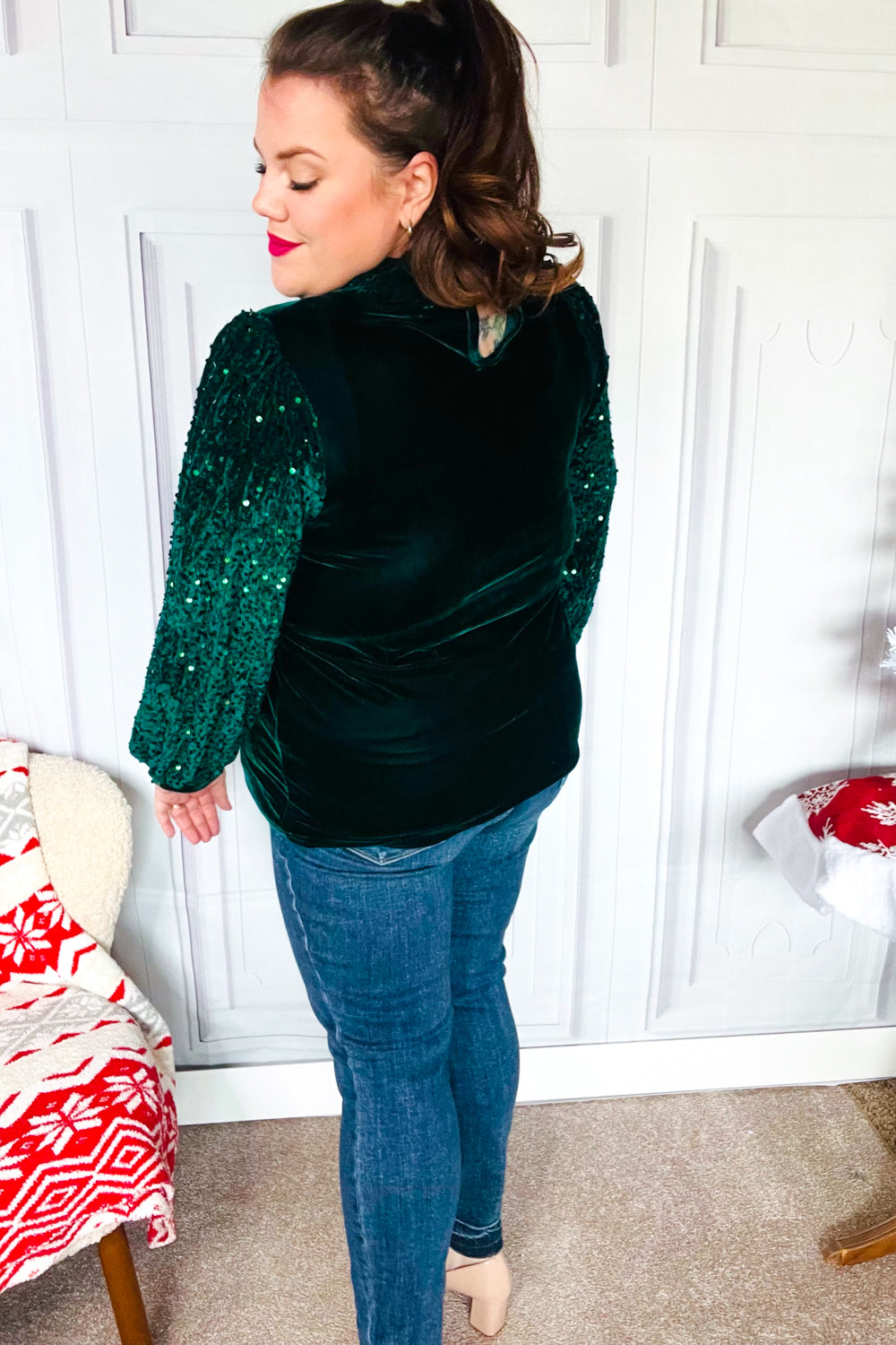 Under the Lights Green Velvet & Sequin Frill Mock Neck Top-Modish Lily, Tecumseh Michigan