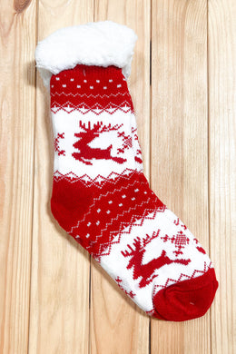 Red Holiday Reindeer Sherpa Traction Bottom Slipper Socks-Modish Lily, Tecumseh Michigan
