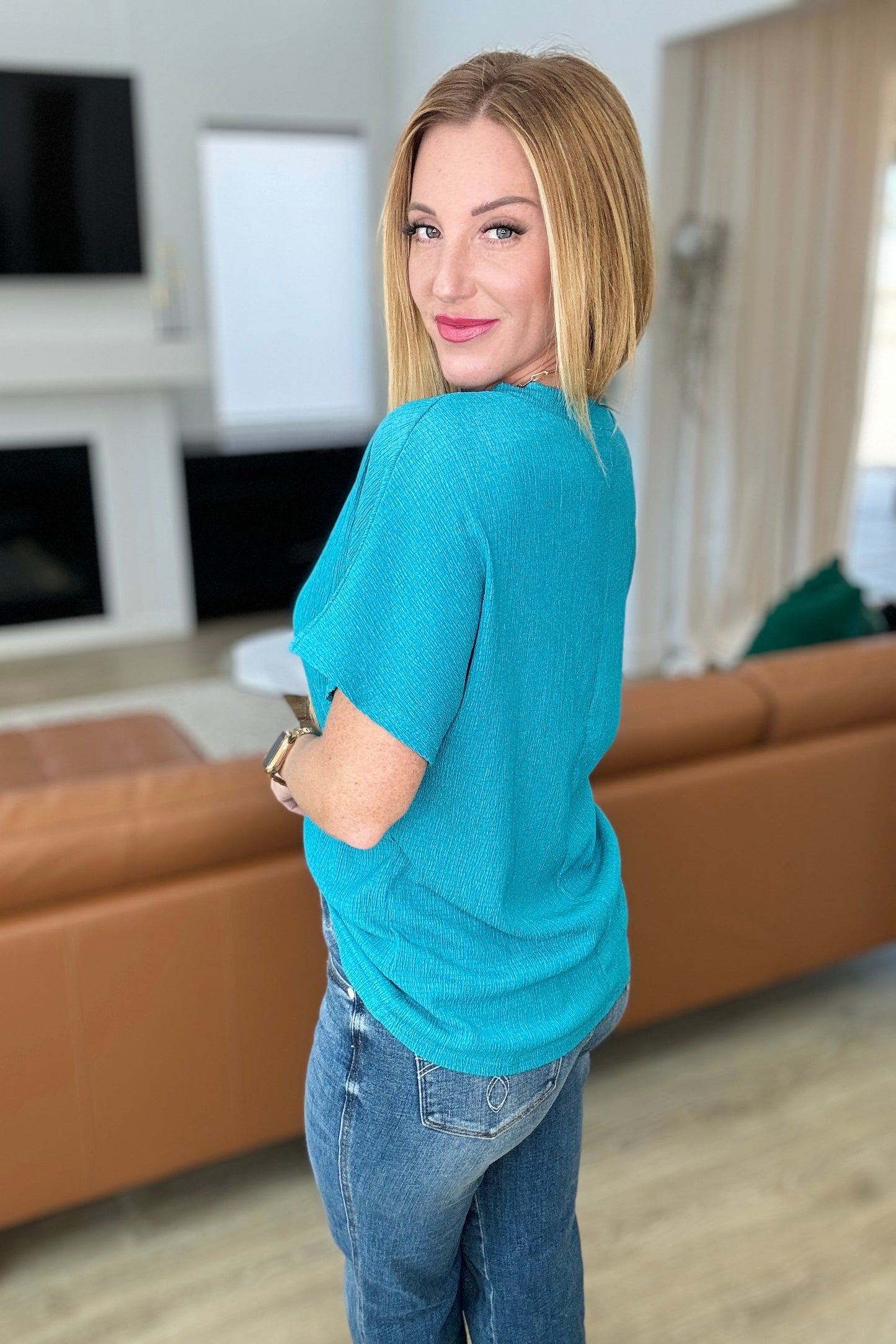 Trial and Error Textured V-Neck Blouse in Teal-Tops-Modish Lily, Tecumseh Michigan