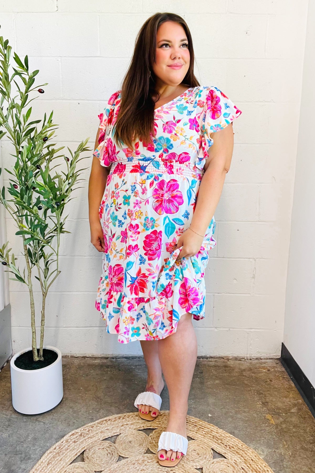 Hello Beautiful Ivory & Fuchsia Floral Sequin Smock Waist Midi Dress-Modish Lily, Tecumseh Michigan