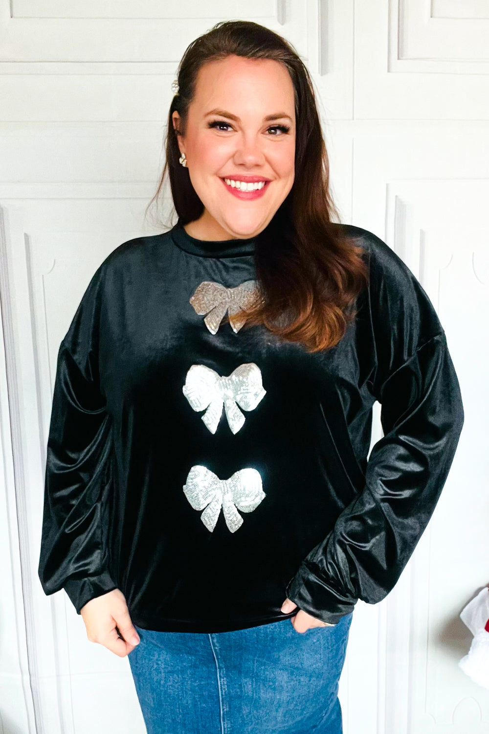 Home For The Holiday Silver Sequin Bow Velvet Pullover Top-2024 Blow-Out Sale-Modish Lily, Tecumseh Michigan