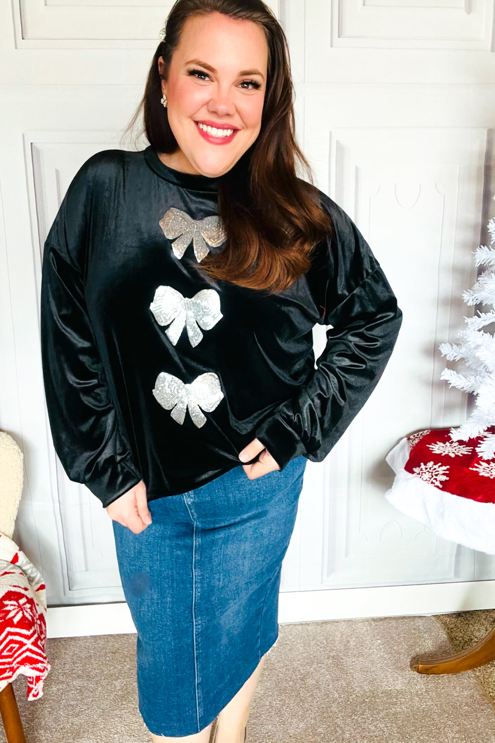 Home For The Holiday Silver Sequin Bow Velvet Pullover Top-2024 Blow-Out Sale-Modish Lily, Tecumseh Michigan