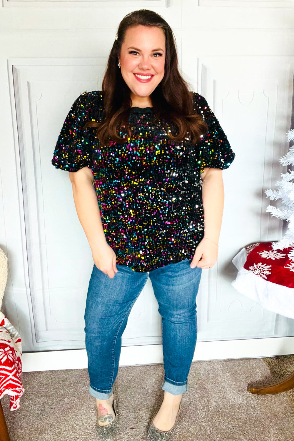 Holiday Ready Black Velvet Multicolor Sequin Puff Sleeve Top-2024 Blow-Out Sale-Modish Lily, Tecumseh Michigan