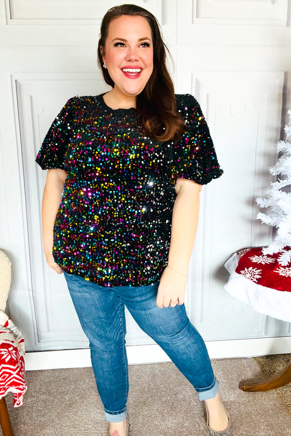 Holiday Ready Black Velvet Multicolor Sequin Puff Sleeve Top-2024 Blow-Out Sale-Modish Lily, Tecumseh Michigan