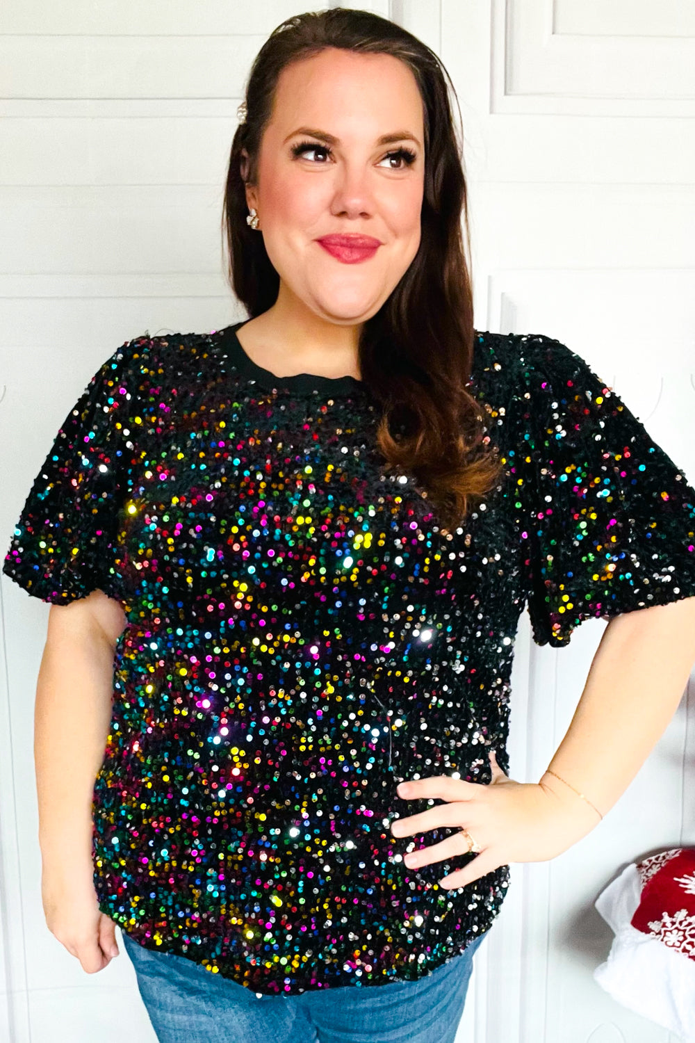 Holiday Ready Black Velvet Multicolor Sequin Puff Sleeve Top-2024 Blow-Out Sale-Modish Lily, Tecumseh Michigan