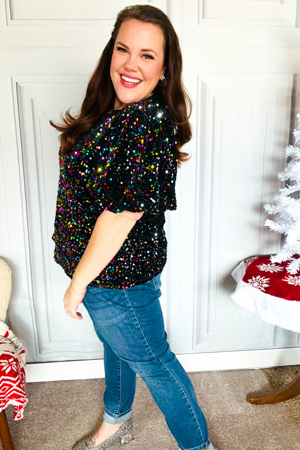 Holiday Ready Black Velvet Multicolor Sequin Puff Sleeve Top-2024 Blow-Out Sale-Modish Lily, Tecumseh Michigan