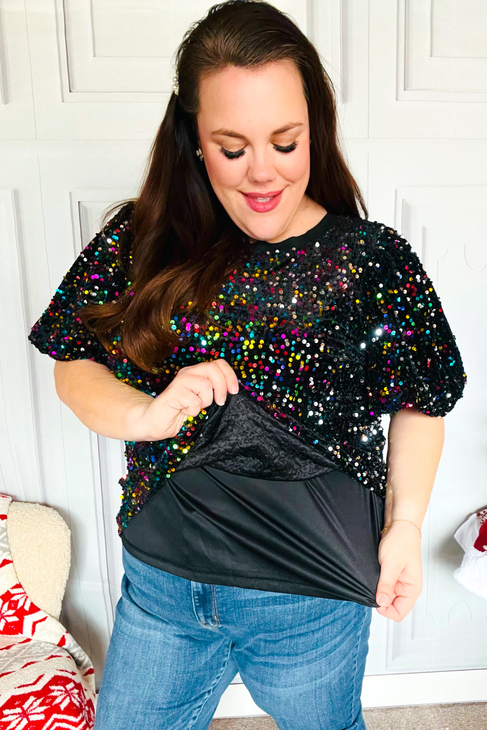 Holiday Ready Black Velvet Multicolor Sequin Puff Sleeve Top-2024 Blow-Out Sale-Modish Lily, Tecumseh Michigan