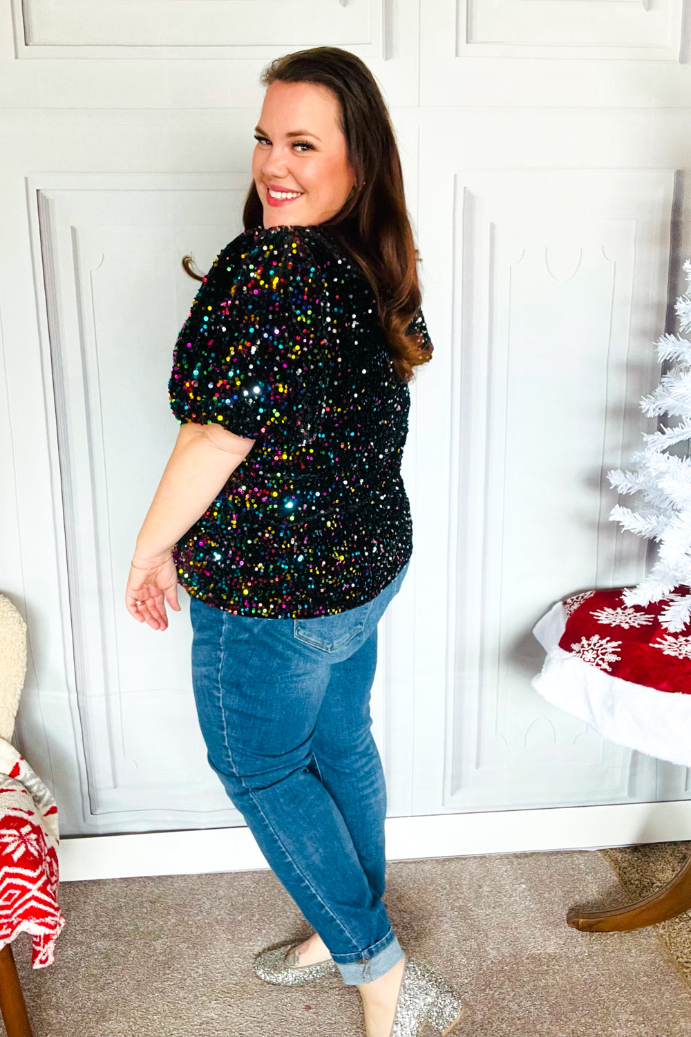 Holiday Ready Black Velvet Multicolor Sequin Puff Sleeve Top-2024 Blow-Out Sale-Modish Lily, Tecumseh Michigan