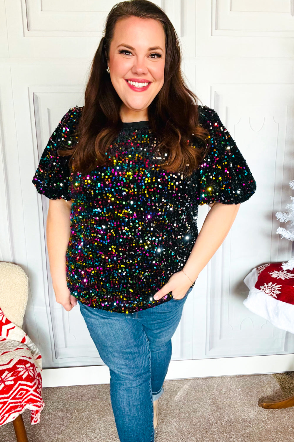 Holiday Ready Black Velvet Multicolor Sequin Puff Sleeve Top-2024 Blow-Out Sale-Modish Lily, Tecumseh Michigan