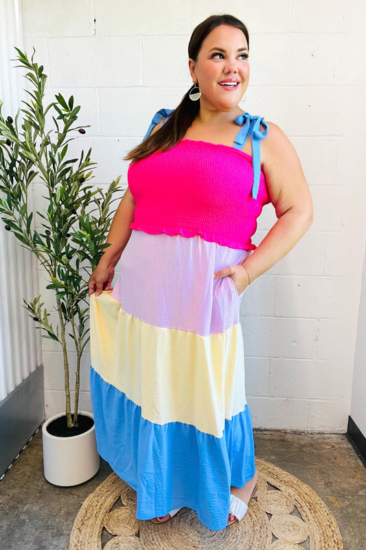 Vacay Vibes Hot Pink & Blue Smocked Color Block Maxi Dress-2024 Blow-Out Sale-Modish Lily, Tecumseh Michigan