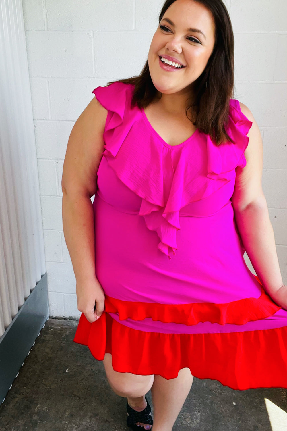 Fuchsia Ruffle V Neck Crepe Tiered Midi Dress-Modish Lily, Tecumseh Michigan