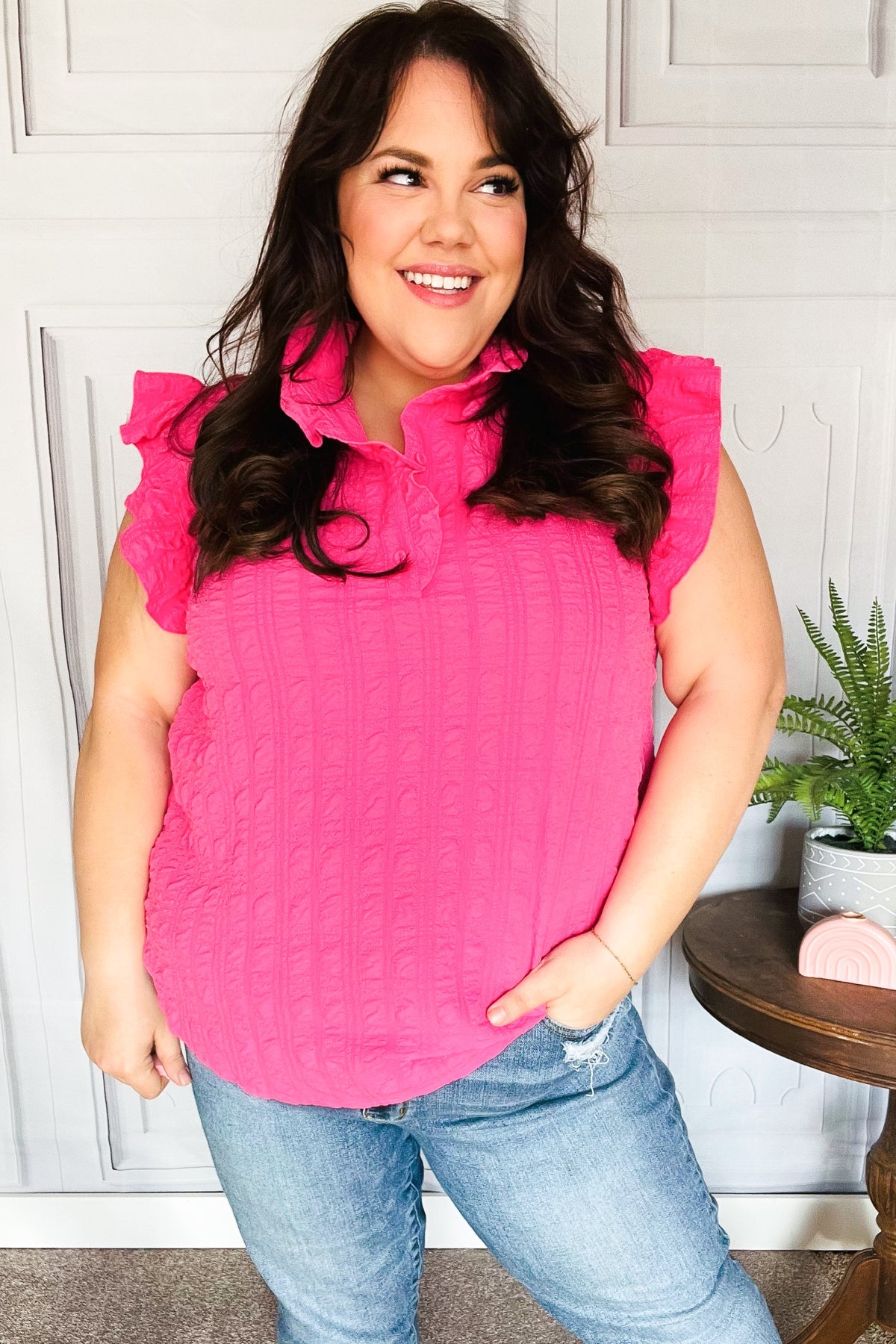 Glamorous In Hot Pink Textured Ruffle Mock Neck Top-Modish Lily, Tecumseh Michigan