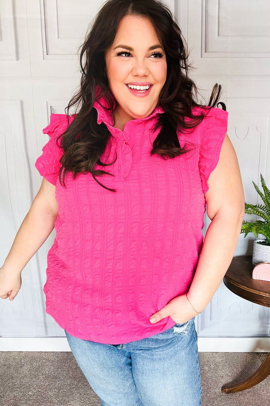 Glamorous In Hot Pink Textured Ruffle Mock Neck Top-Modish Lily, Tecumseh Michigan