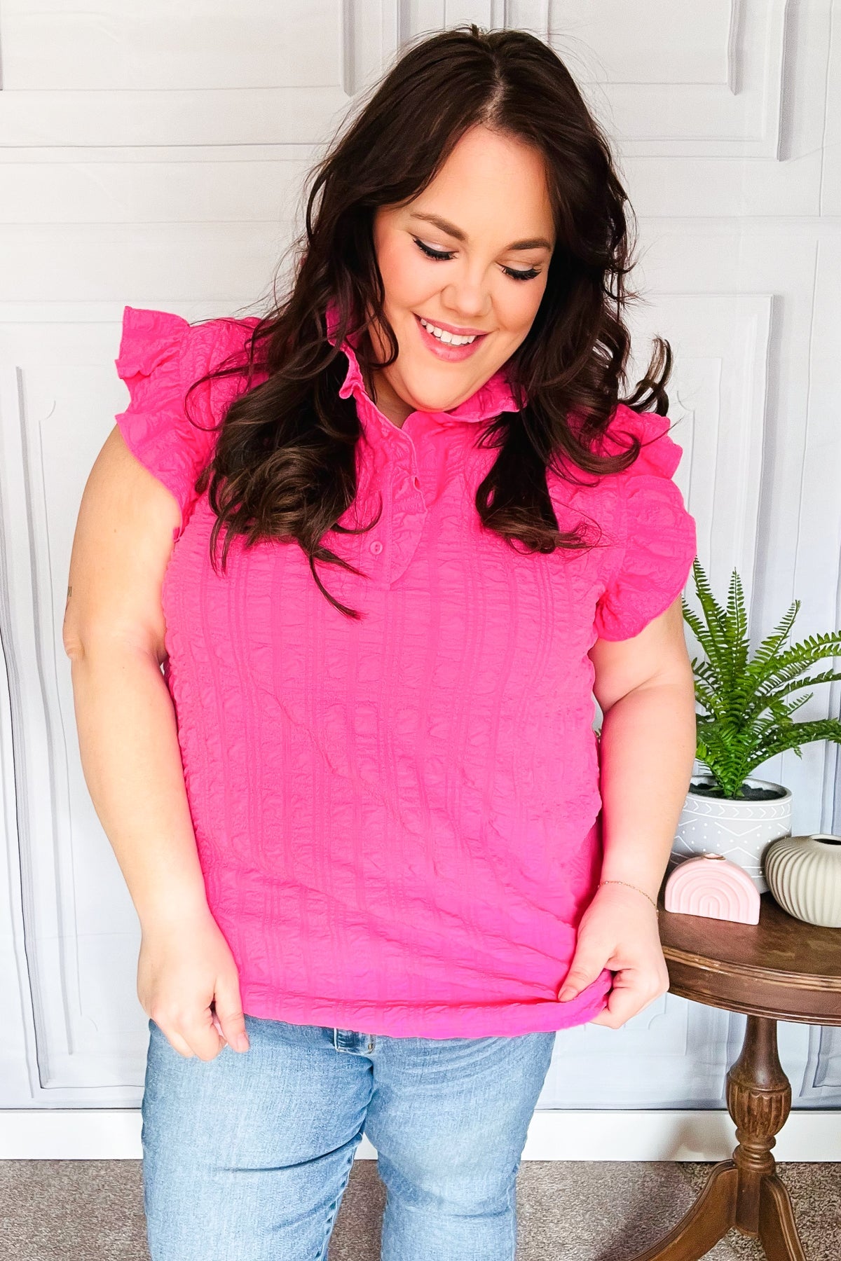 Glamorous In Hot Pink Textured Ruffle Mock Neck Top-Modish Lily, Tecumseh Michigan