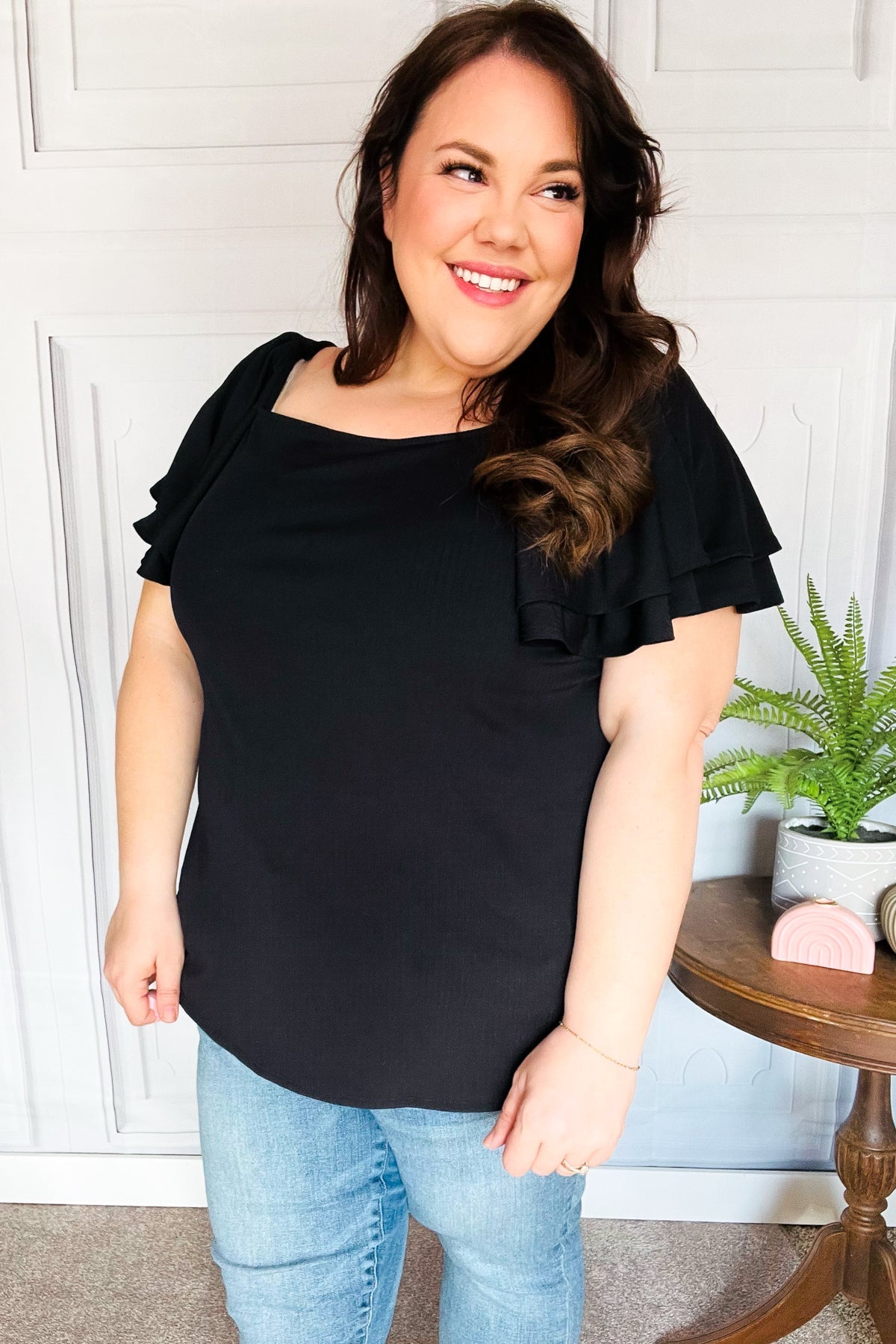 Feel The Love Black Double Ruffle Sleeve Square Neck Ribbed Top-Modish Lily, Tecumseh Michigan