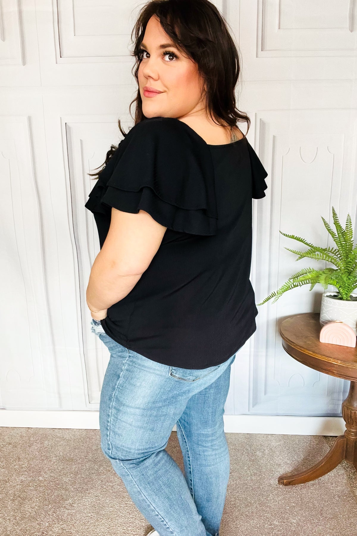 Feel The Love Black Double Ruffle Sleeve Square Neck Ribbed Top-Modish Lily, Tecumseh Michigan