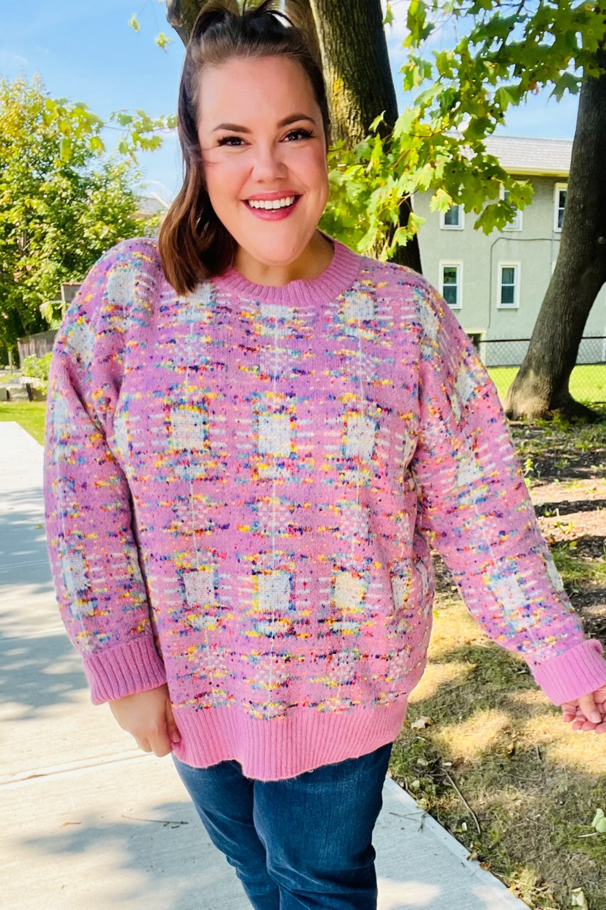 Adorable Pink Multicolor Popcorn Knit Sweater-Modish Lily, Tecumseh Michigan