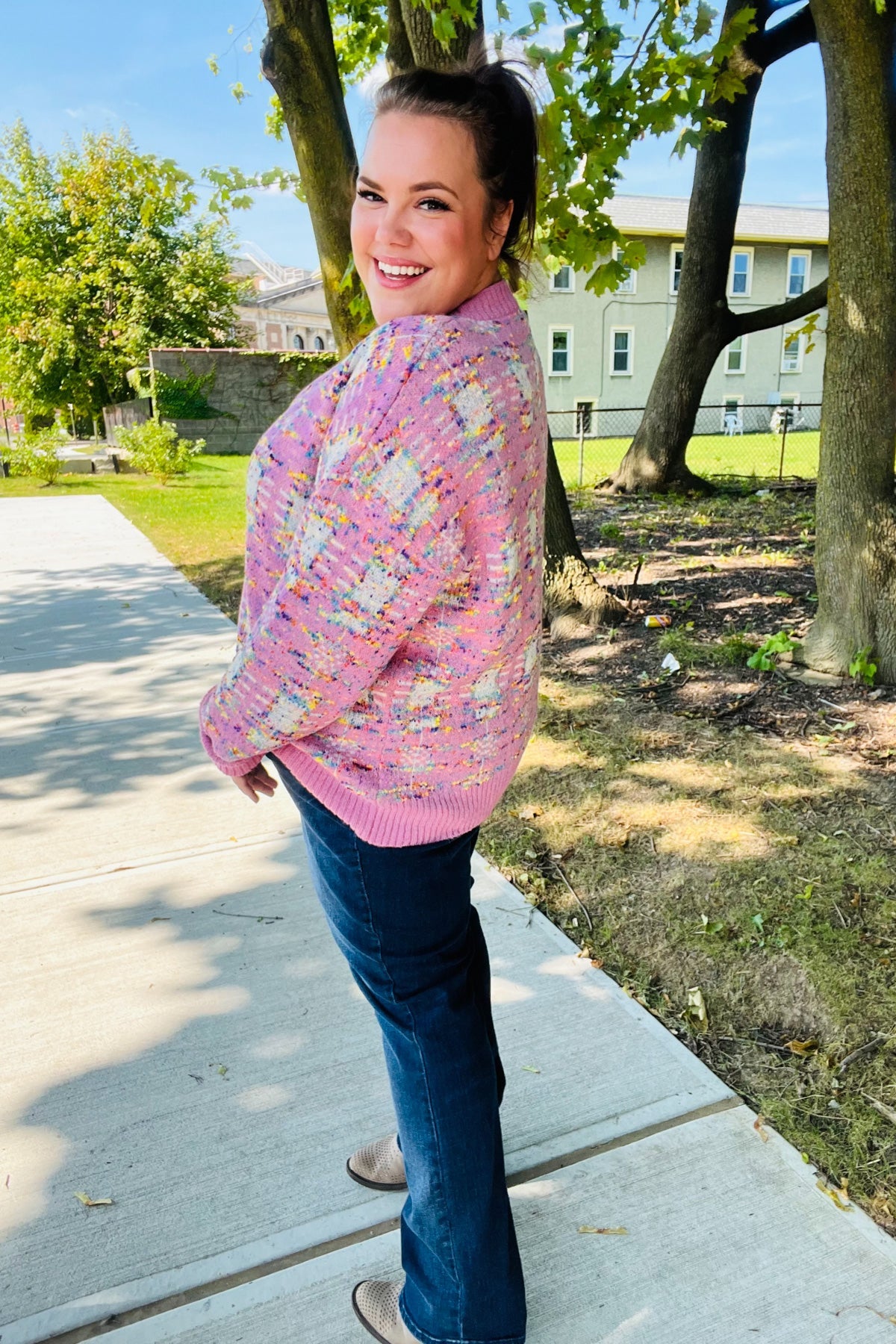 Adorable Pink Multicolor Popcorn Knit Sweater-Modish Lily, Tecumseh Michigan