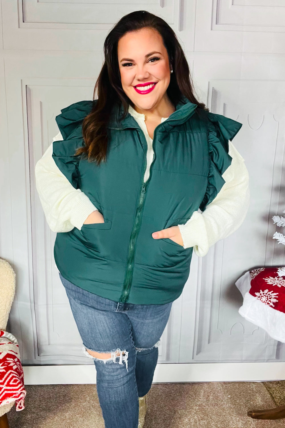 Feeling Festive Hunter Green Zipper Up Quilted Ruffle Sleeve Puffer Vest-Modish Lily, Tecumseh Michigan