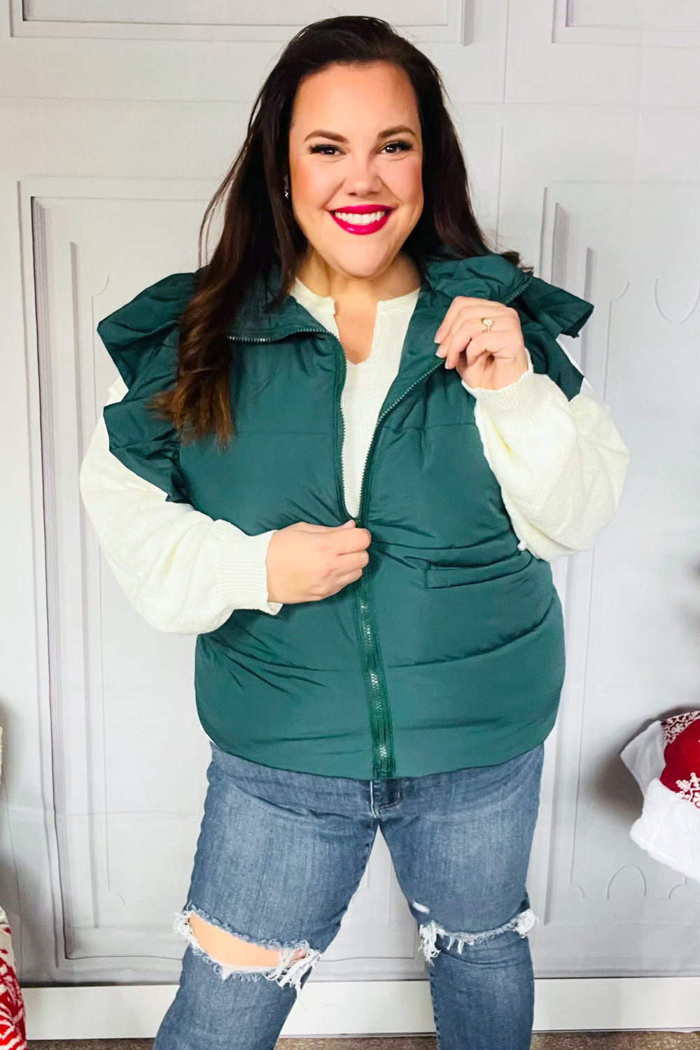 Feeling Festive Hunter Green Zipper Up Quilted Ruffle Sleeve Puffer Vest-Modish Lily, Tecumseh Michigan