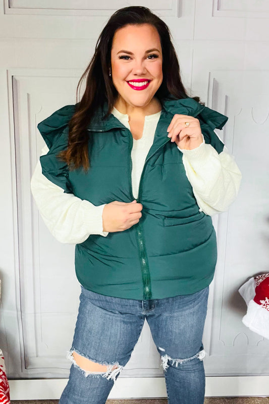 Feeling Festive Hunter Green Zipper Up Quilted Ruffle Sleeve Puffer Vest-Modish Lily, Tecumseh Michigan