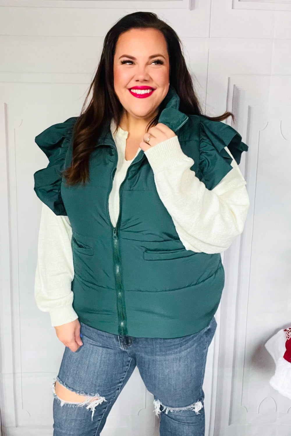 Feeling Festive Hunter Green Zipper Up Quilted Ruffle Sleeve Puffer Vest-Modish Lily, Tecumseh Michigan