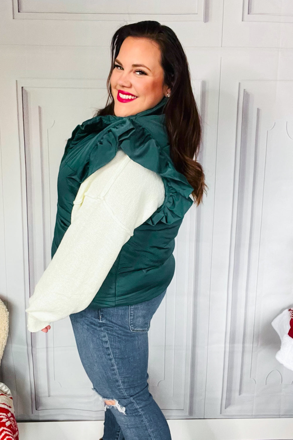 Feeling Festive Hunter Green Zipper Up Quilted Ruffle Sleeve Puffer Vest-Modish Lily, Tecumseh Michigan