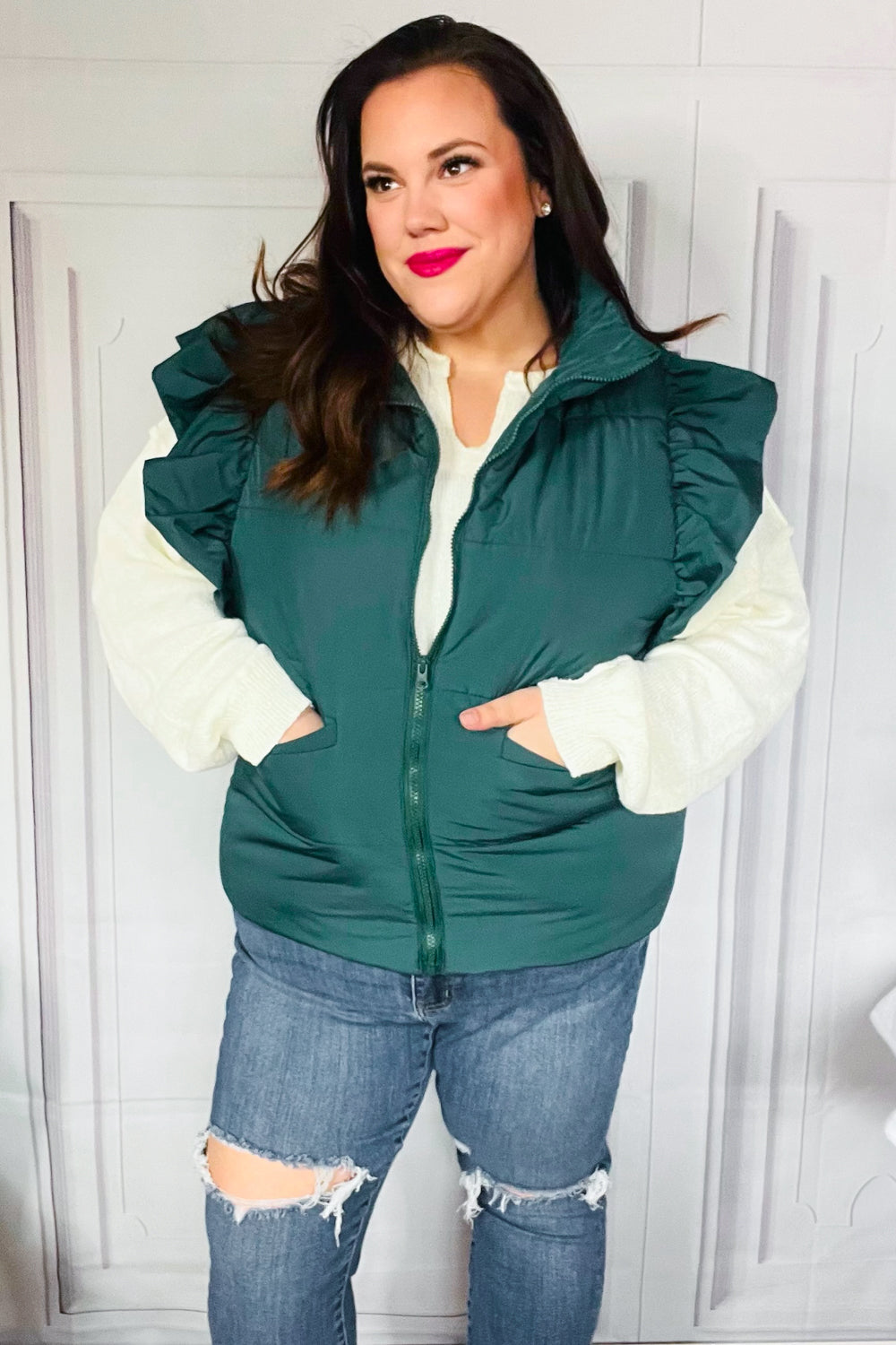 Feeling Festive Hunter Green Zipper Up Quilted Ruffle Sleeve Puffer Vest-Modish Lily, Tecumseh Michigan