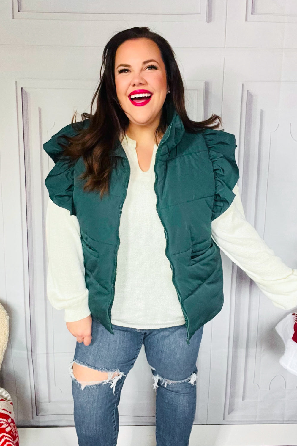 Feeling Festive Hunter Green Zipper Up Quilted Ruffle Sleeve Puffer Vest-Modish Lily, Tecumseh Michigan