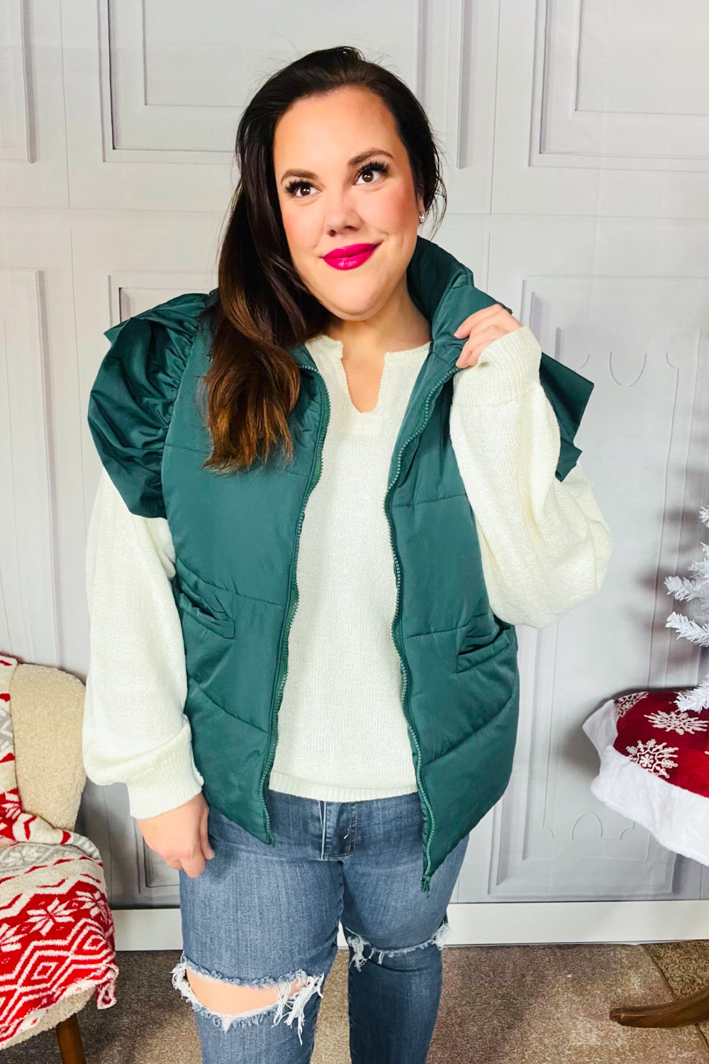 Feeling Festive Hunter Green Zipper Up Quilted Ruffle Sleeve Puffer Vest-Modish Lily, Tecumseh Michigan