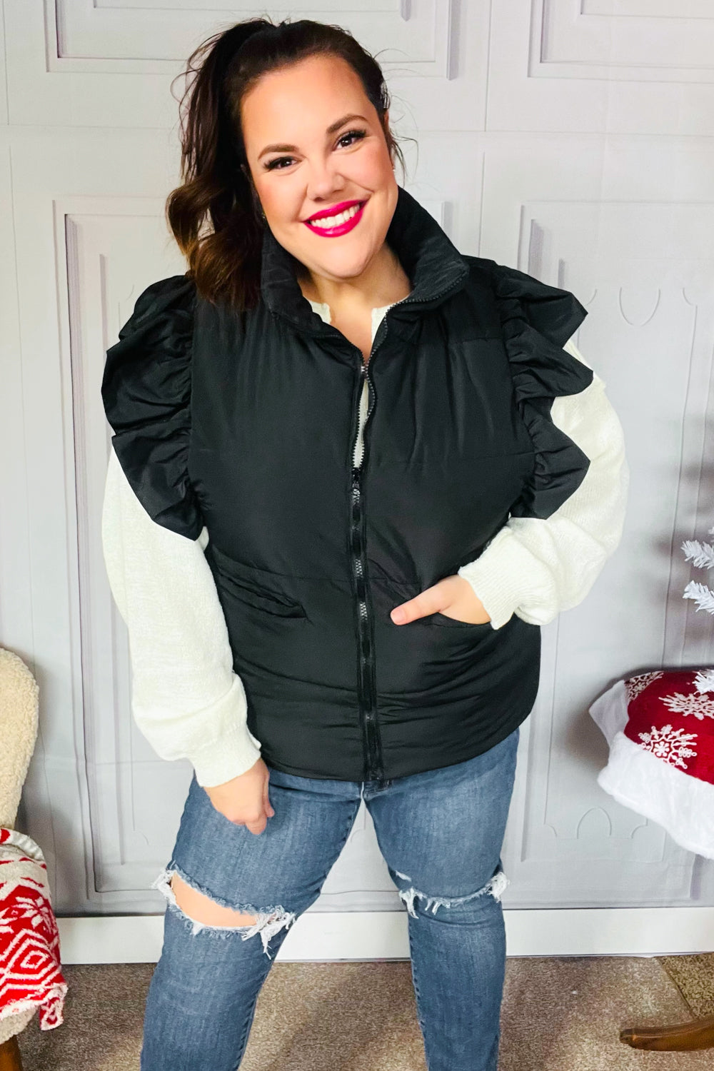 Feeling Festive Black Zipper Up Quilted Ruffle Sleeve Puffer Vest-Modish Lily, Tecumseh Michigan