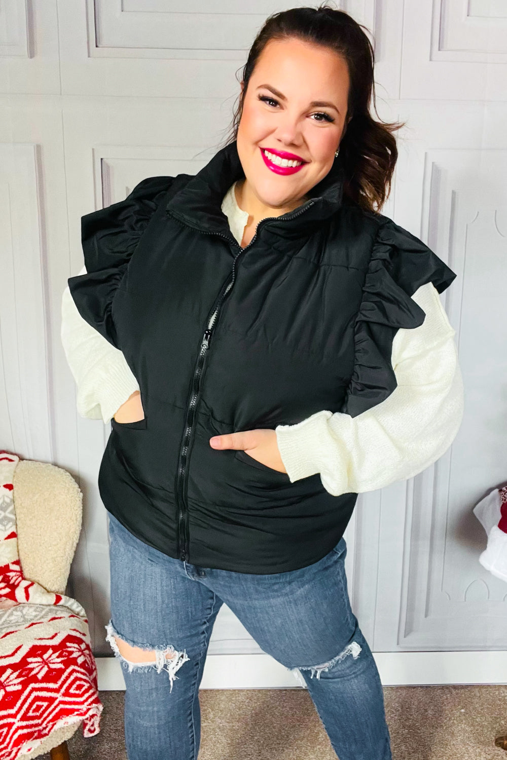 Feeling Festive Black Zipper Up Quilted Ruffle Sleeve Puffer Vest-Modish Lily, Tecumseh Michigan