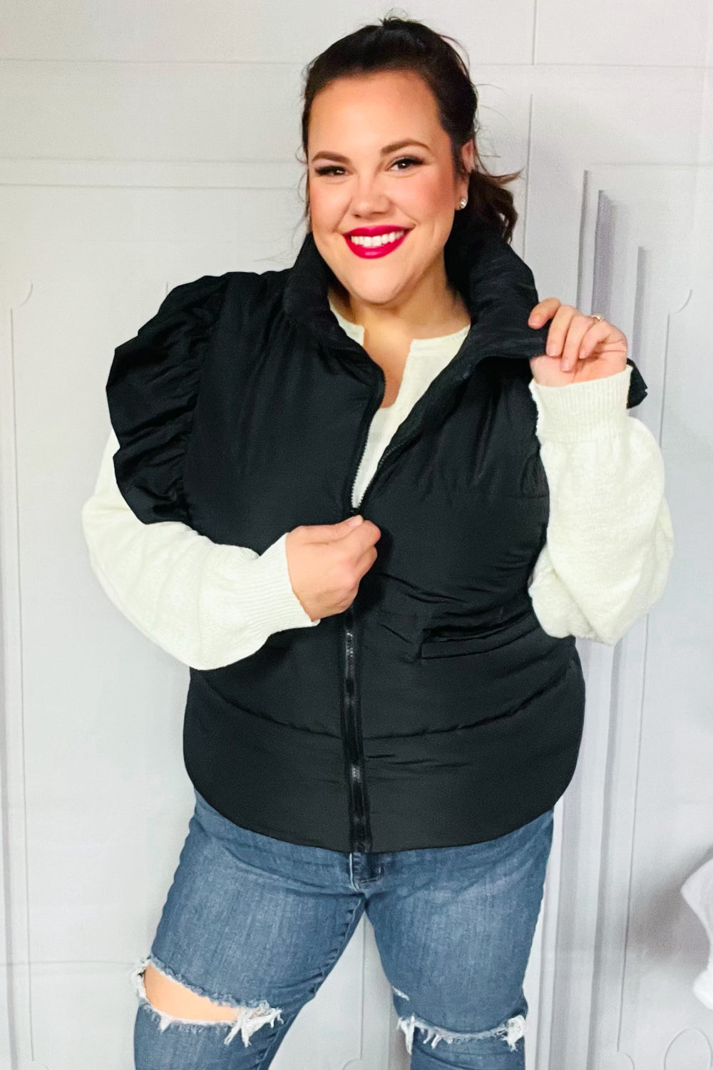 Feeling Festive Black Zipper Up Quilted Ruffle Sleeve Puffer Vest-Modish Lily, Tecumseh Michigan