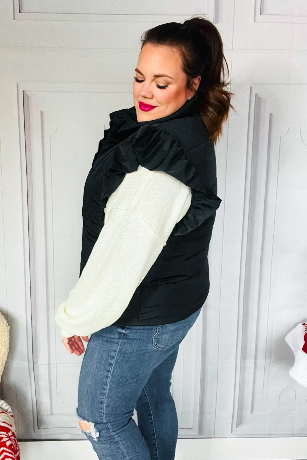 Feeling Festive Black Zipper Up Quilted Ruffle Sleeve Puffer Vest-Modish Lily, Tecumseh Michigan