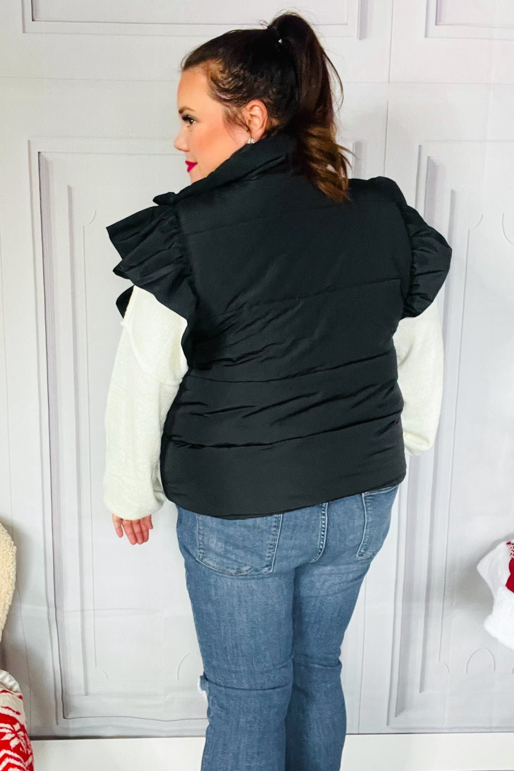 Feeling Festive Black Zipper Up Quilted Ruffle Sleeve Puffer Vest-Modish Lily, Tecumseh Michigan