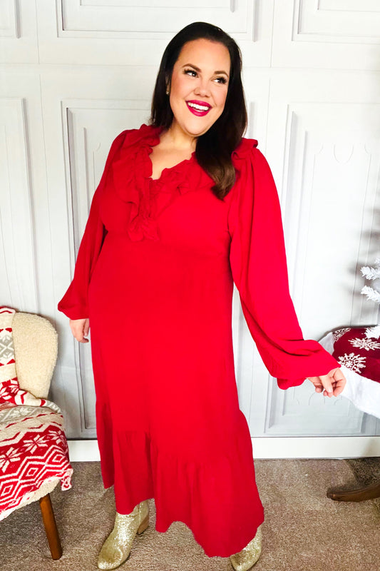 Beautiful You Holiday Red Overlap Ruffle V Neck Midi Dress-Modish Lily, Tecumseh Michigan