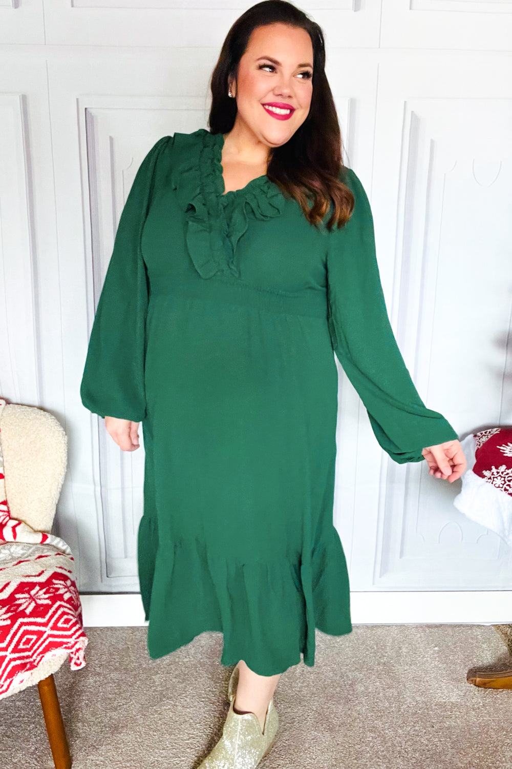 Beautiful You Holiday Green Overlap Ruffle V Neck Midi Dress-2024 Blow-Out Sale-Modish Lily, Tecumseh Michigan