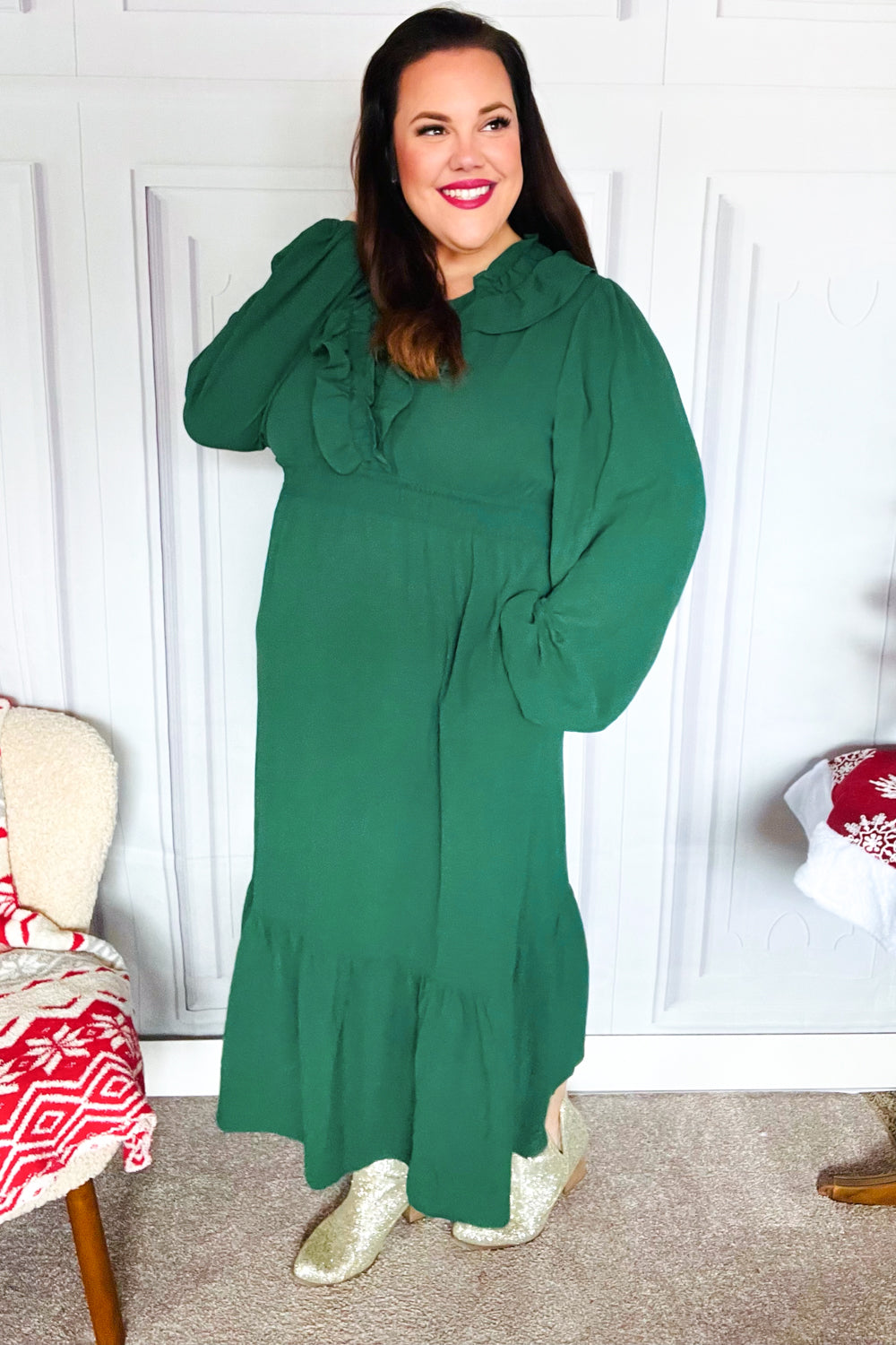 Beautiful You Holiday Green Overlap Ruffle V Neck Midi Dress-2024 Blow-Out Sale-Modish Lily, Tecumseh Michigan