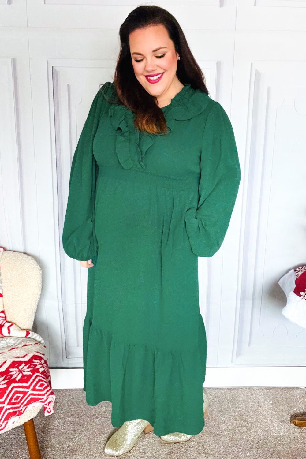 Beautiful You Holiday Green Overlap Ruffle V Neck Midi Dress-2024 Blow-Out Sale-Modish Lily, Tecumseh Michigan