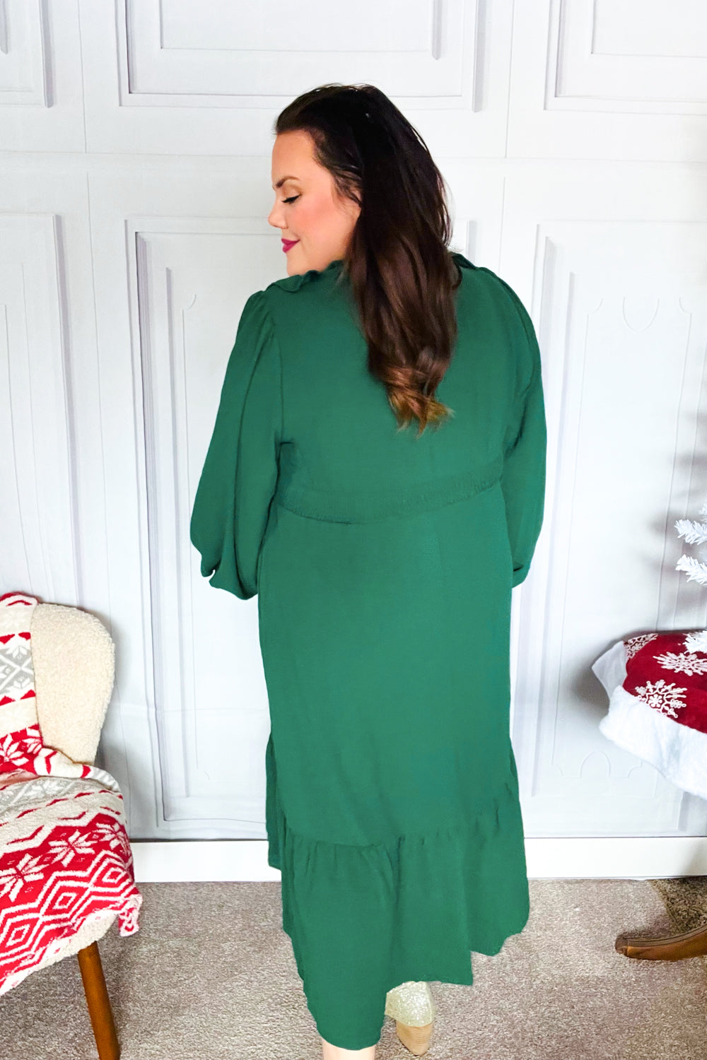 Beautiful You Holiday Green Overlap Ruffle V Neck Midi Dress-2024 Blow-Out Sale-Modish Lily, Tecumseh Michigan