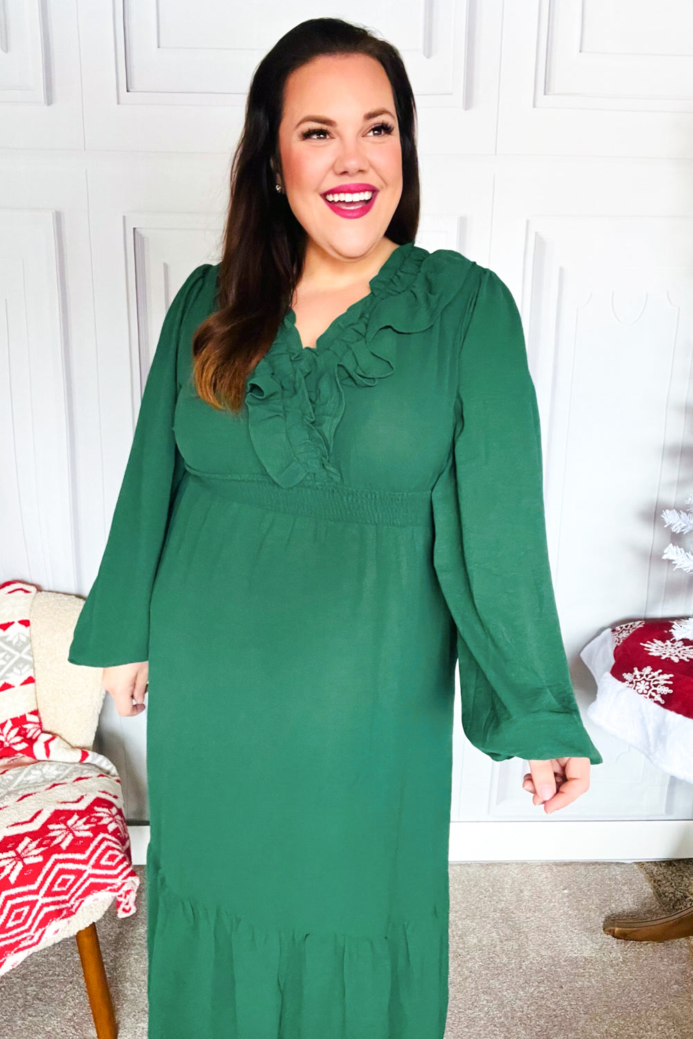 Beautiful You Holiday Green Overlap Ruffle V Neck Midi Dress-2024 Blow-Out Sale-Modish Lily, Tecumseh Michigan