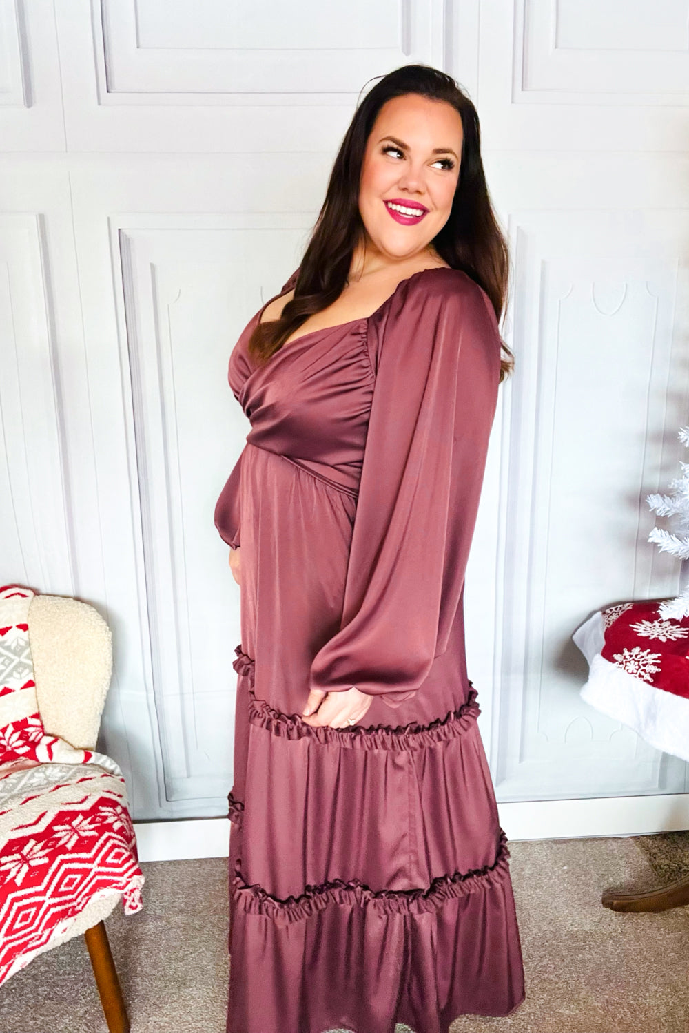 Holiday Vibes Wine Satin Front Overlap Smocked Back Maxi Dress-2024 Blow-Out Sale-Modish Lily, Tecumseh Michigan