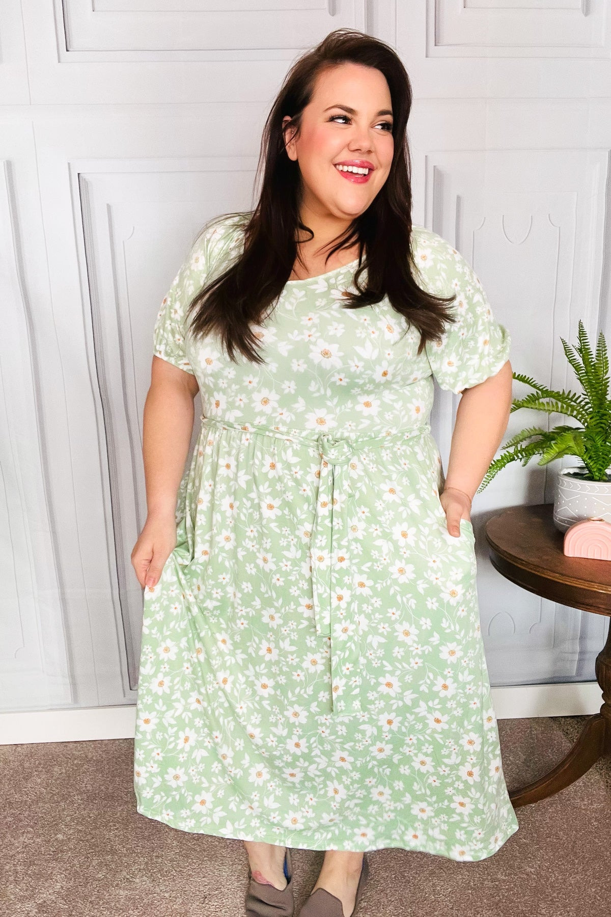 Sunny Days Sage Floral Print Fit & Flare Sash Belt V Neck Dress-Modish Lily, Tecumseh Michigan